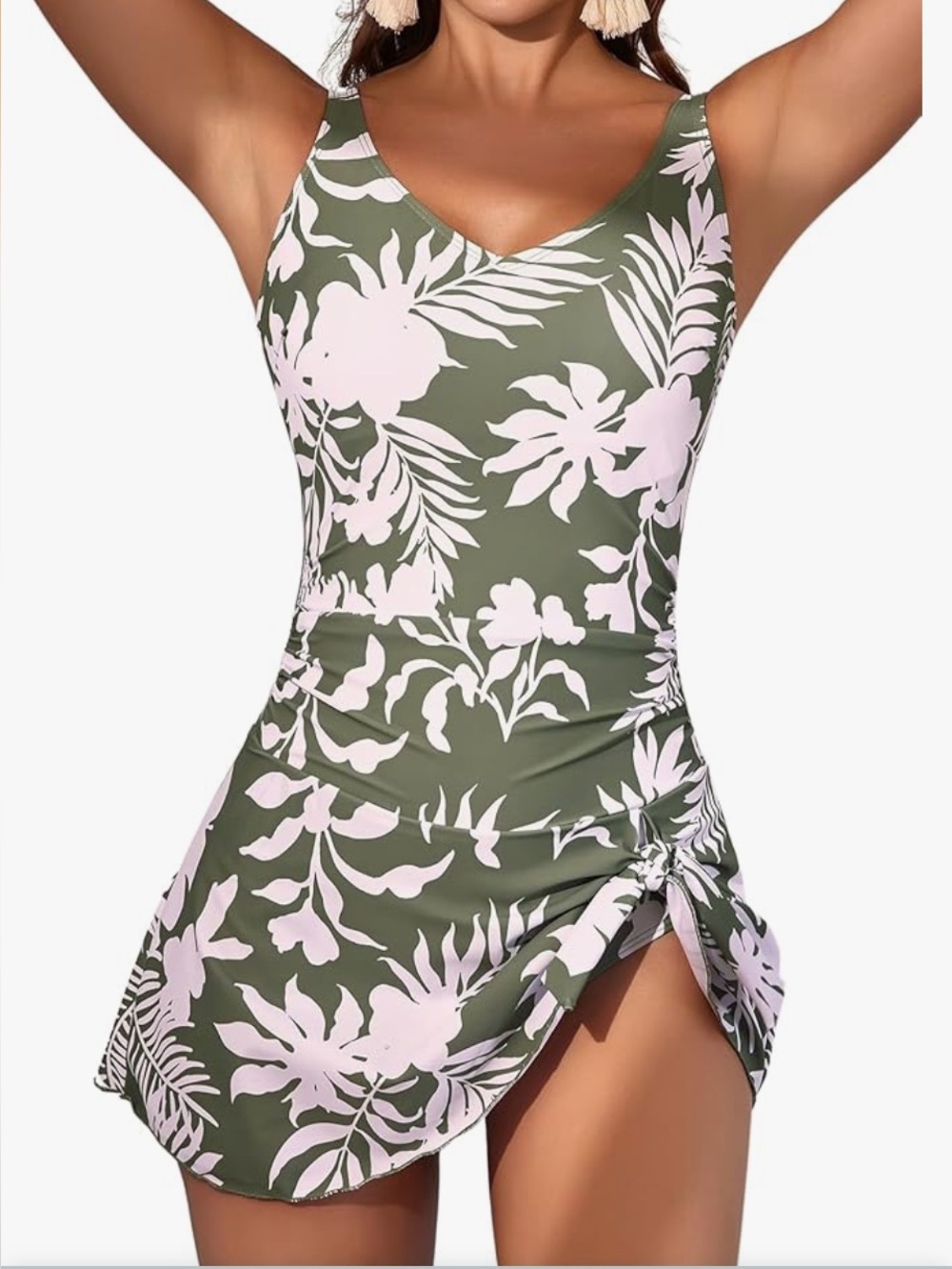 🚘 🆕 Olive Green Floral V-Neck Swimdress with white hibiscus Print size XL